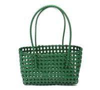perforated woven bag is perfect for vacations and the beach, featuring both shoulder and hand-carry options. Made from plastic weave, it is lightweight and practical.