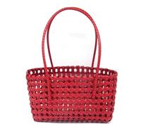 perforated woven bag is perfect for vacations and the beach, featuring both shoulder and hand-carry options. Made from plastic weave, it is lightweight and practical.