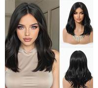 Performance costumes Eight character bangs, short curly hair, wig, women's full head cover, fashionable hairstyle Daily wear(Black)