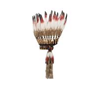 Performance Headdress Feather Headpiece Costume Headdress Stage Prop Ceremonial Accessory With Dyed Red And White Feathers Brown Hair Wrapped Bases, Red, Red Beads