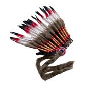 Performance Headdress Feather Headpiece Costume Headdress Stage Prop Ceremonial Accessory With Dyed Red And White Feathers Brown Hair Wrapped Bases, Red, Red Circles