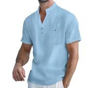 Performance Polo Shirts for Men, Linen Henley Shirt for Men Hippie Casual Beach Summer Solid T-Shirts Lightweight Cotton Basic Tees Tops Short Sleeve Button Down Band Collar Dress Shirts Blue