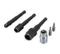 Performance Tool W2963 6 pc. 2-in-1 Socket Adapter Set: Switch Between Sockets and Hex Bits: External 1/4, 3/8, 1/2-in Square Drive Adapters, 1/4 and 5/16-in Hex Drivers, Chrome Vanadium Steel, Black