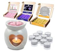 Perfume Wax Melts Starter Kit: 3 Packs: Madam Coco, Angel & Daisy = 48pcs x 6g Melts + Burner with 10 Tealights - Spotless Leopard Heart Shaped Ceramic Burner
