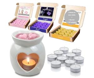 Perfume Wax Melts Starter Kit: 3 Packs: Madam Coco, Angel & Daisy = 48pcs x 6g Melts + Burner with 10 Tealights - Spotless Leopard Heart Shaped Ceramic Burner