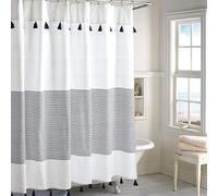 Peri Home Panama Stripe Boho Farmhouse Tassel Shower Curtain 100% Cotton Fabric Shower Curtain with Tassels for Bathroom Decor, 72 x 72 inches, Navy
