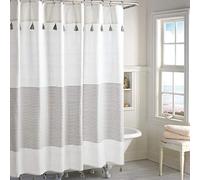 Peri Home Panama Stripe Boho Farmhouse Tassel Shower Curtain 100% Cotton Fabric Shower Curtain with Tassels for Bathroom Decor, 72 x 72 inches, Grey