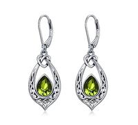Peridot Green Earrings 925 Sterling Silver Celtic Knot Oxidized Vintage Dangle Drop Leverback Earrings with Simulated August Birthstone Crystal, Birthday Jewellery Gifts for Women