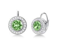 Peridot Green Halo Earrings 925 Sterling Silver Classic Round Cut Leverback Earrings with August Birthstone Crystal from Austria, Birthday Jewelry Gifts for Women