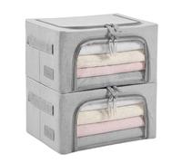 Periea Beau 2 Pack Storage Boxes 11L (30x23.5x16cm) - Collapsible Stackable Fabric Organisers Storage Bags with Steel Frame, Front Window & Top/Front Zip Access - (Grey)