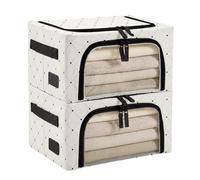 Periea Beau 2 Pack Storage Boxes 11L (30x23.5x16cm) - Collapsible Stackable Fabric Organisers Storage Bags with Steel Frame, Front Window & Top/Front Zip Access - (Black Dot)