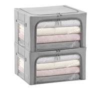 Periea Beau 2 Pack Storage Boxes 33L (40x33x25cm) - Collapsible Stackable Fabric Organisers Storage Bags with Steel Frame, Front Window & Top/Front Zip Access - (Grey)