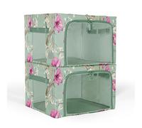 Periea Beau 2 Pack Storage Boxes 33L (40x33x25cm) - Collapsible Stackable Fabric Organisers Storage Bags with Steel Frame, Front Window & Top/Front Zip Access - (Green Floral)