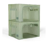 Periea Beau 2 Pack Storage Boxes 33L (40x33x25cm) - Collapsible Stackable Fabric Organisers Storage Bags with Steel Frame, Front Window & Top/Front Zip Access - (Sage Linen)
