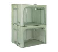 Periea Beau 2 Pack Storage Boxes 74L (53x40x35cm) - Collapsible Stackable Fabric Organisers Storage Bags with Steel Frame, Front Window & Top/Front Zip Access - (Sage Linen)
