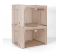 Periea Beau 2 Pack Storage Boxes 74L (53x40x35cm) - Collapsible Stackable Fabric Organisers Storage Bags with Steel Frame, Front Window & Top/Front Zip Access - (Camel)