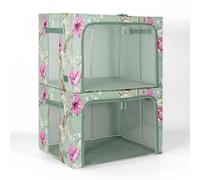 Periea Beau 2 Pack Storage Boxes 74L (53x40x35cm) - Collapsible Stackable Fabric Organisers Storage Bags with Steel Frame, Front Window & Top/Front Zip Access - (Green Floral)