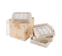 Periea 'Carol' Christmas Bauble Storage Box with 64 Slots: Collapsible with Metal Frames, Dividers, and Zippered Closure - Ideal for Delicate Xmas Ornament Decorations & Baubles - Gold Fern