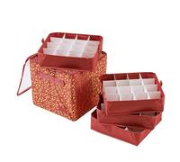 Periea 'Carol' Christmas Bauble Storage Box with 64 Slots: Collapsible with Metal Frames, Dividers, and Zippered Closure - Ideal for Delicate Xmas Ornament Decorations & Baubles - Red Berry