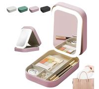 Periodicali Travel Makeup Mirror, LED Three-Color Adjustable Makeup Mirror Travel Case, Cosmetic Storage Box, Rechargeable & Foldable with LED Fill Light, Dustproof and Portable (Pink)