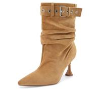 Perisis Women's Slouchy Mid Calf Boots Pointed Toe Pull on Kitten Heel | Brown,3 Inch Kitty Heels,Wide Calf,Punk Sexy Comfy Dress Spring Winter Fall Suede Casual Chic Party Prom Going Out Boots