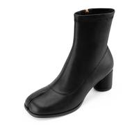 Perisis Women's Tabi Boots Split Toe Ankle Boots Low Heel Block Heels Booties Japanese Ninja Shoes Artificial Leather Chunky Stretch Short Boot for Ladies Comfort, Black, 4 UK