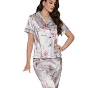 Perkin Elegant Women's Satin Pajama Set, Short-Sleeve Floral Print Button-Down Top with Pants, Silver and Pink Loungewear for Sleeping and Casual Wear (UK, Numeric, 12, Regular, Regular)