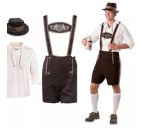 Perkin Traditional Bavarian Oktoberfest Costume Set, White and Brown, Cotton Blend, Lederhosen with Suspenders, Embroidered Details, Complete with Shirt and Hat, for Beer Festival (XXL)