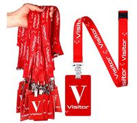 PerKoop 25 Pack Visitor Badge Lanyards With Clips - ID Card Holder With PVC Pass Card - Reusable Breakaway for Company Exhibition Guest Volunteer (Red)