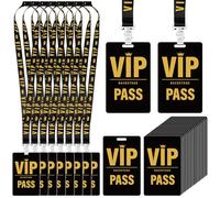 PerKoop 25 Sets VIP Badge Lanyards with Plastic Pass Cards VIP Lanyards Black Breakaway Lanyard PVC Cards for Backstage Concert Event Party Birthday Organizer(Black, Gold)