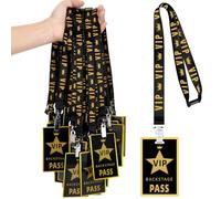 PerKoop 36 Sets Badge VIP Lanyards with Plastic Pass Cards PVC for Breakaway Backstage Concert Birthday Party Organizer School Gaming Event, Black and Gold (HTN-PerKoop-1707)