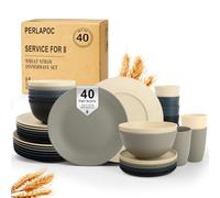 Perlapoc 40 PCS Wheat Straw Dinnerware Set | Service for 8 Plastic Dishes Set Unbreakable Plates and Bowls Sets, Drinking Glasses, Dishwasher and Microwave Safe Dish Set for KItchen - Gray Stone