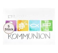 Perleberg 7127302-2 Communion Invitation Card with White Envelope 10.5 x 14.5 cm - Invitation to Communion with Colourful Symbols - Communion Invitation Cards for Girls and Boys - High Quality
