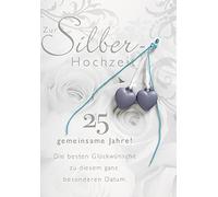 Perleberg - Unique silver wedding card with rose motif - stylish silver wedding card with hearts and ribbon - elegant card for silver wedding with congratulations 11.6 x 16.6 cm