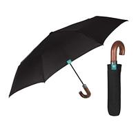 PERLETTI Folding Compact Mens Umbrella with Wood-Effect Handle - Automatic Foldable Windproof Umbrella Black - Resistant Elegant Classic Brolly for Man - Diameter 96 cm (Black with Curved Handle)