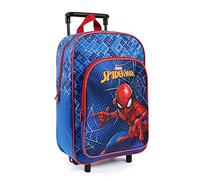 PERLETTI Spiderman Carry On Backpack for Little Boys Blue and Red - Rucksack with Wheels for Children Kindergarten and Travel - Marvel Spider Man Kids Backpack with Front Pocket - 36x25x12 cm