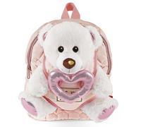 PERLETTI Teddy Bear Children's Backpack 3 4 5 Years with Pink Heart - Sports Bag with Removable Plush Animal Teddy Bear for Kindergarten - Soft Satchel with Bear Little Girl, Pink, 29x23x12 cm,