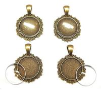 Perlin Set of 4 Metal Pendant Lockets Charm and 20 mm Round Clear Glass Cabochon, Bronze Setting Frame Super Look Craft Set, 27mm für 20mm Cabachon, Brass