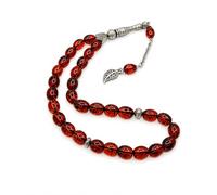 Perlin Tesbih Tee Fossil Effect 33 Beads Powder Amber Oval 12mm x 8mm 32cm Misbaha Collectible for Men, 32 cm, Brass Powder amber resin mix Brass, No Gemstone