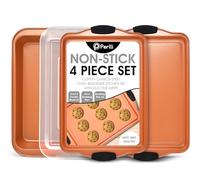 PERLLI Baking Sheet 4 Piece Set Nonstick Copper Carbon Steel Oven Bakeware Kitchen Set with Silicone Grips, Includes 2x 9x13 Cookie Sheets, 9x13 Baking Pan with Plastic Lid by