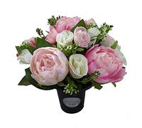 Permabloom Artificial Peony & Rosebud Flowers in Crem Grave Pot - Memorial Insert (Pink)