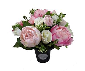 Permabloom Artificial Peony & Rosebud Flowers in Crem Grave Pot - Memorial Insert (Pink)
