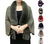 Permitime Shawl, Knitting Thick Women's Loose Shawl with Fur Collar, Warm Knitted Shawls & Wraps (Green,One size)