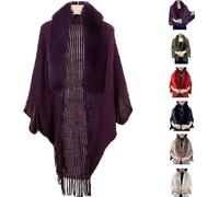 Permitime Shawl, Knitting Thick Women's Loose Shawl with Fur Collar, Warm Knitted Shawls & Wraps (Purple,One size)
