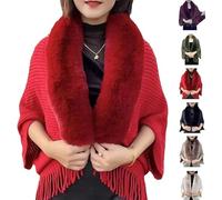 Permitime Shawl, Knitting Thick Women's Loose Shawl with Fur Collar, Warm Knitted Shawls & Wraps (Red,One size)