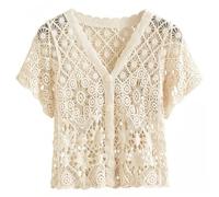Perodlly Womens Short Sleeve Cardigan, Hollow Floral Lace Cardigan, Boho Sweater Outerwear Shrugs for Dresses, Apricot, Size L.