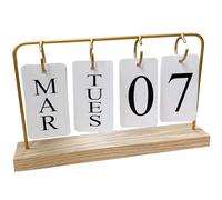 Perpetual Flip Calendar For Desk With Gold Metal Frame, Wooden Desktop Calendar With Month & Date Display