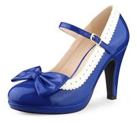 Perphy Bow Platform Ankle Strap Stiletto Heels Pumps for Women, Royal Blue, 4.5 UK