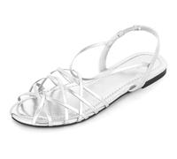 Perphy Flats Elasticity Sandal Strappy Sparkle Round-Toe Roman Sandals for Women, Silver, 3 UK