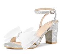 Perphy Glitter Heel Mesh Bow Chunky High Heel Sandal for Women Silver 6.5 UK/Label Size 8.5 US